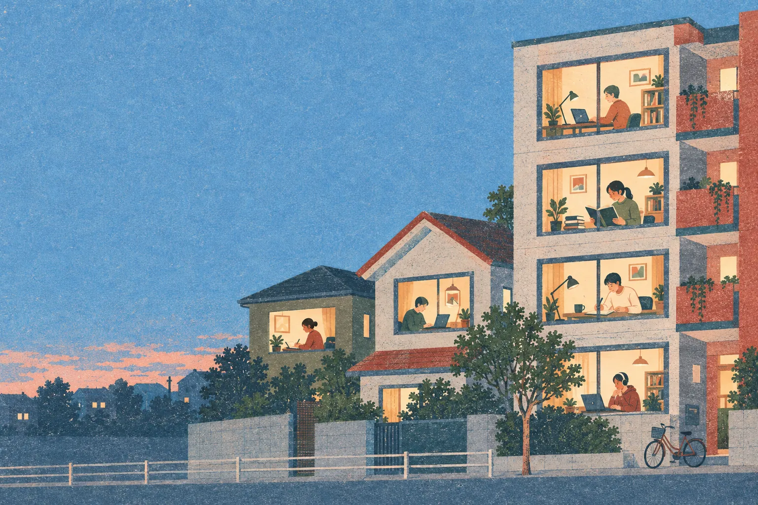 夕方の住宅街。明かりのついた窓の中で、大人たちが勉強している